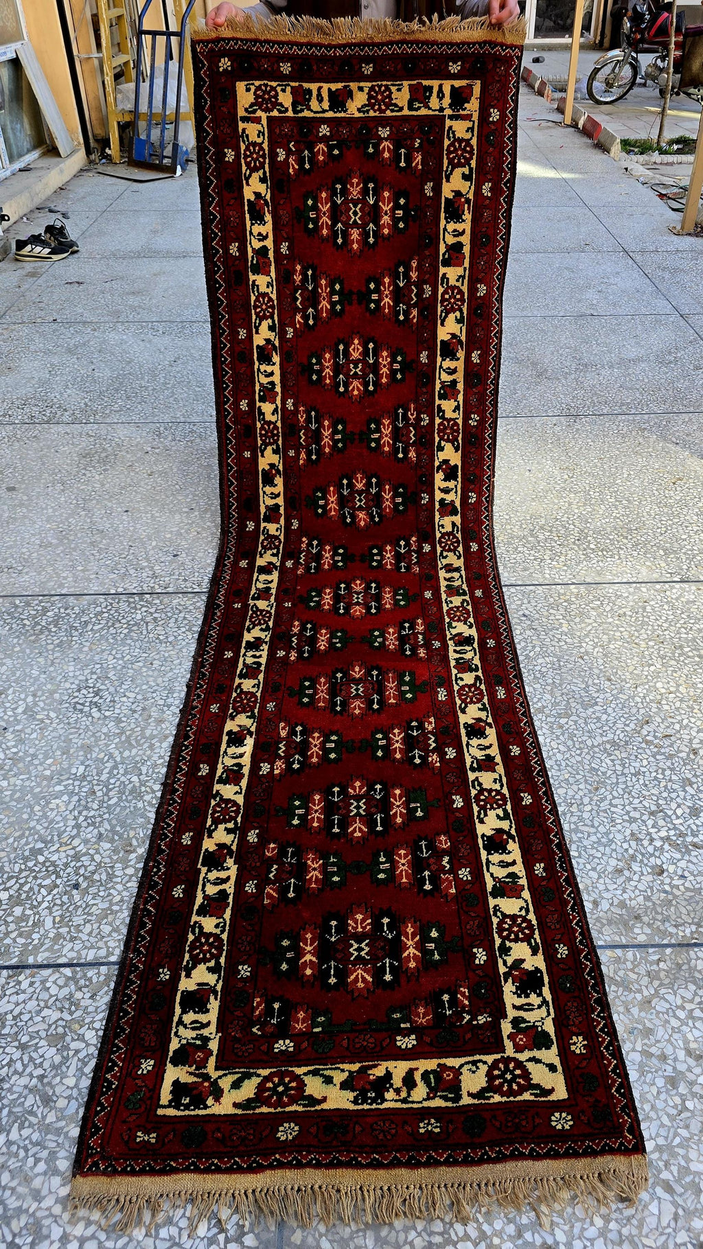 3×9 ft Antique Afghan Wool Runner Rug – Handmade Tribal Geometric Hallway Carpet