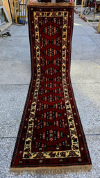 3×9 ft Antique Afghan Wool Runner Rug – Handmade Tribal Geometric Hallway Carpet