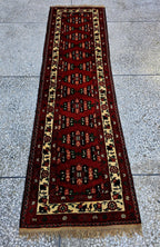 3×9 ft Antique Afghan Wool Runner Rug – Handmade Tribal Geometric Hallway Carpet