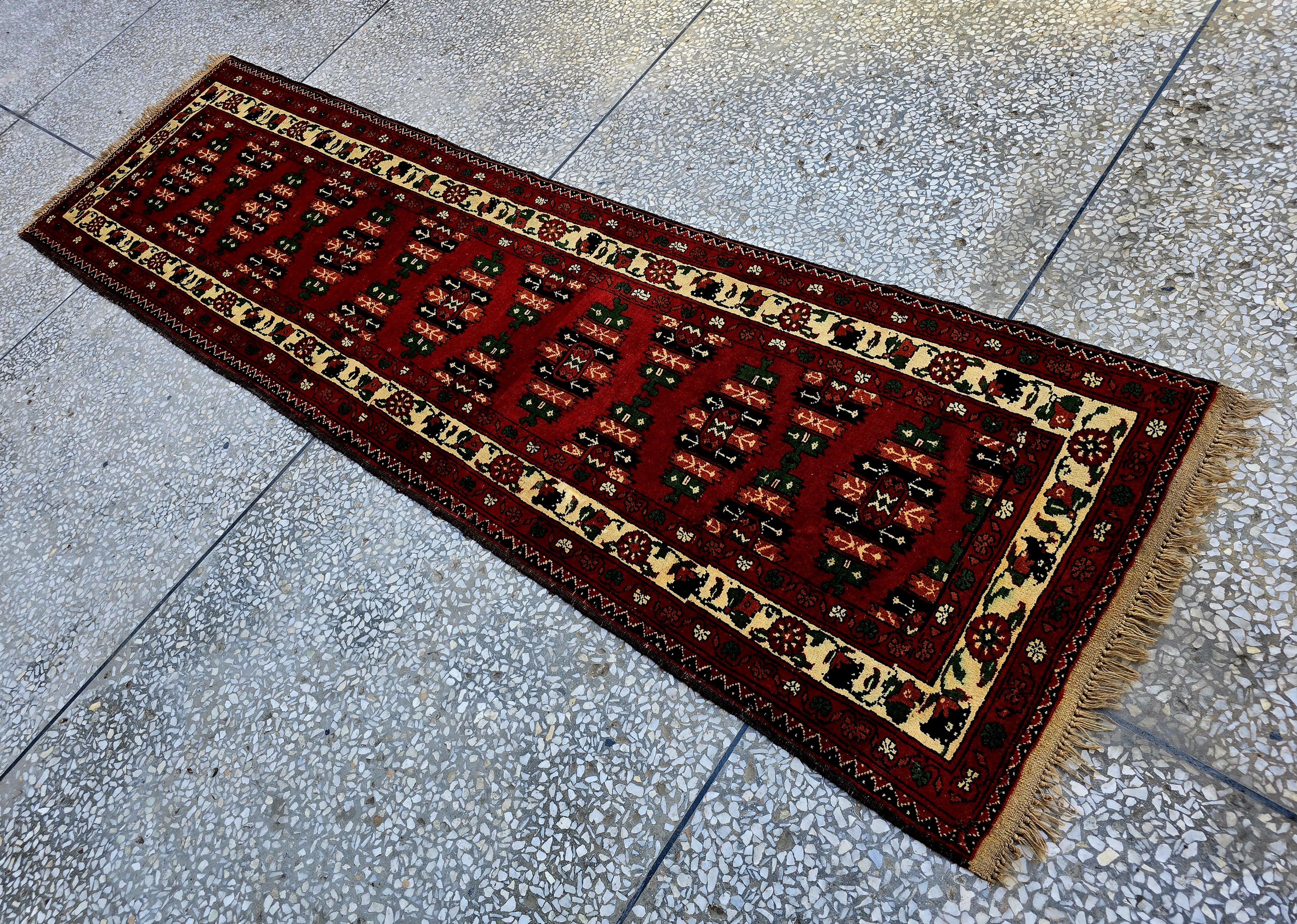 3×9 ft Antique Afghan Wool Runner Rug – Handmade Tribal Geometric Hallway Carpet