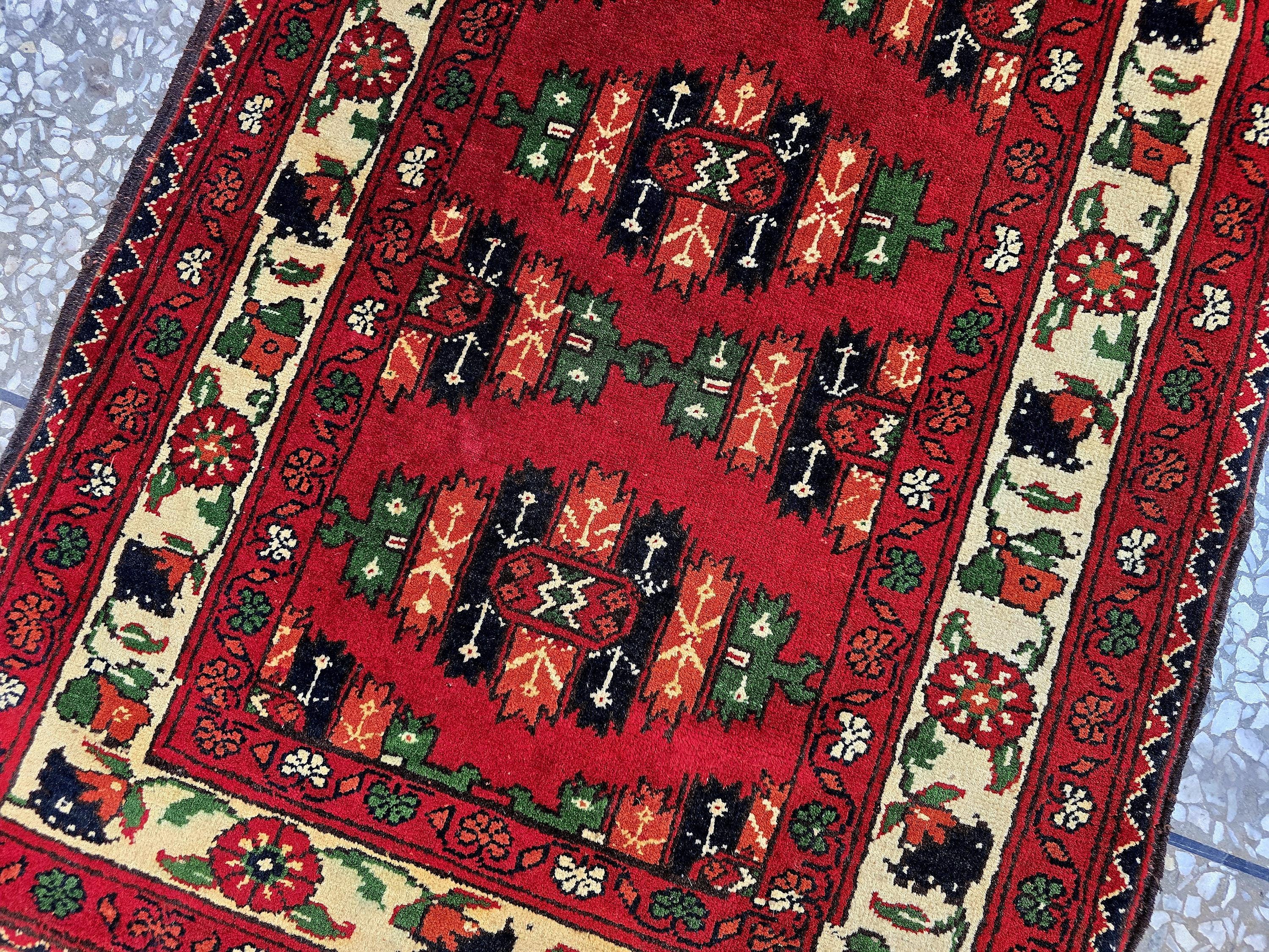 3×9 ft Antique Afghan Wool Runner Rug – Handmade Tribal Geometric Hallway Carpet