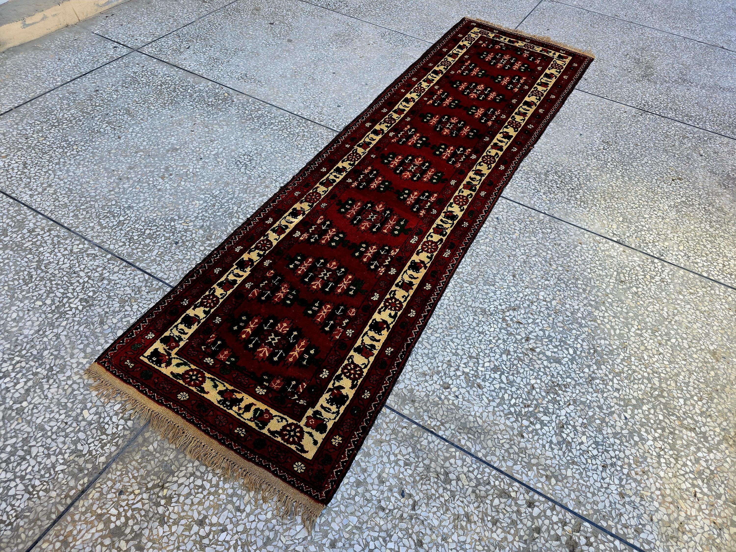 3×9 ft Antique Afghan Wool Runner Rug – Handmade Tribal Geometric Hallway Carpet