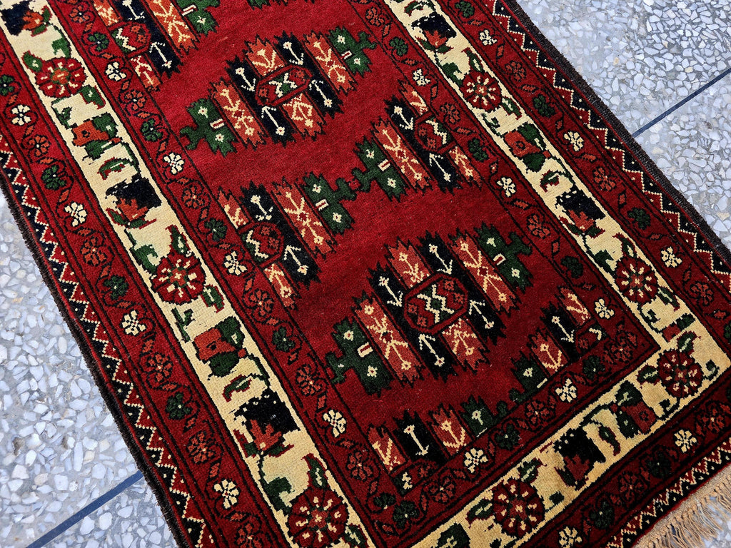 3×9 ft Antique Afghan Wool Runner Rug – Handmade Tribal Geometric Hallway Carpet