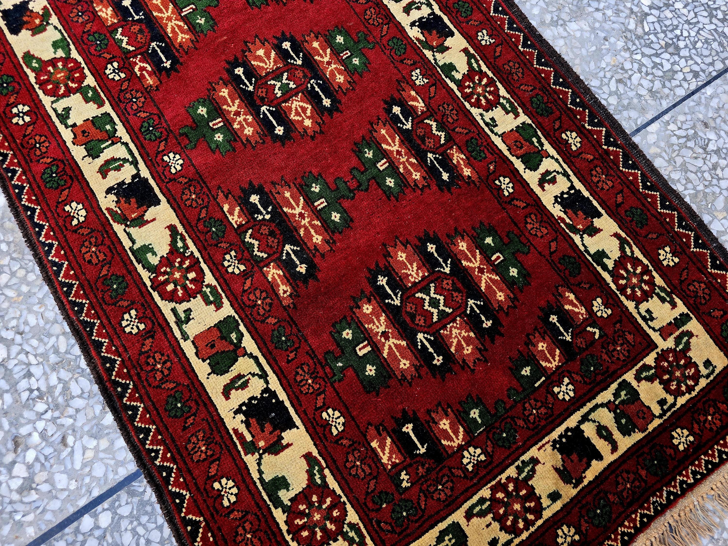 3×9 ft Antique Afghan Wool Runner Rug – Handmade Tribal Geometric Hallway Carpet