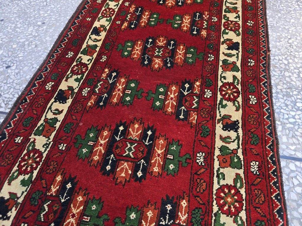 3×9 ft Antique Afghan Wool Runner Rug – Handmade Tribal Geometric Hallway Carpet