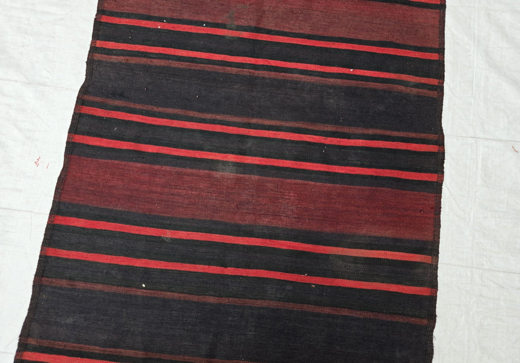 Antique Black Red Striped Kilim 3×6 ft – Handwoven Tribal Wool Runner, Vintage Flatweave Rug