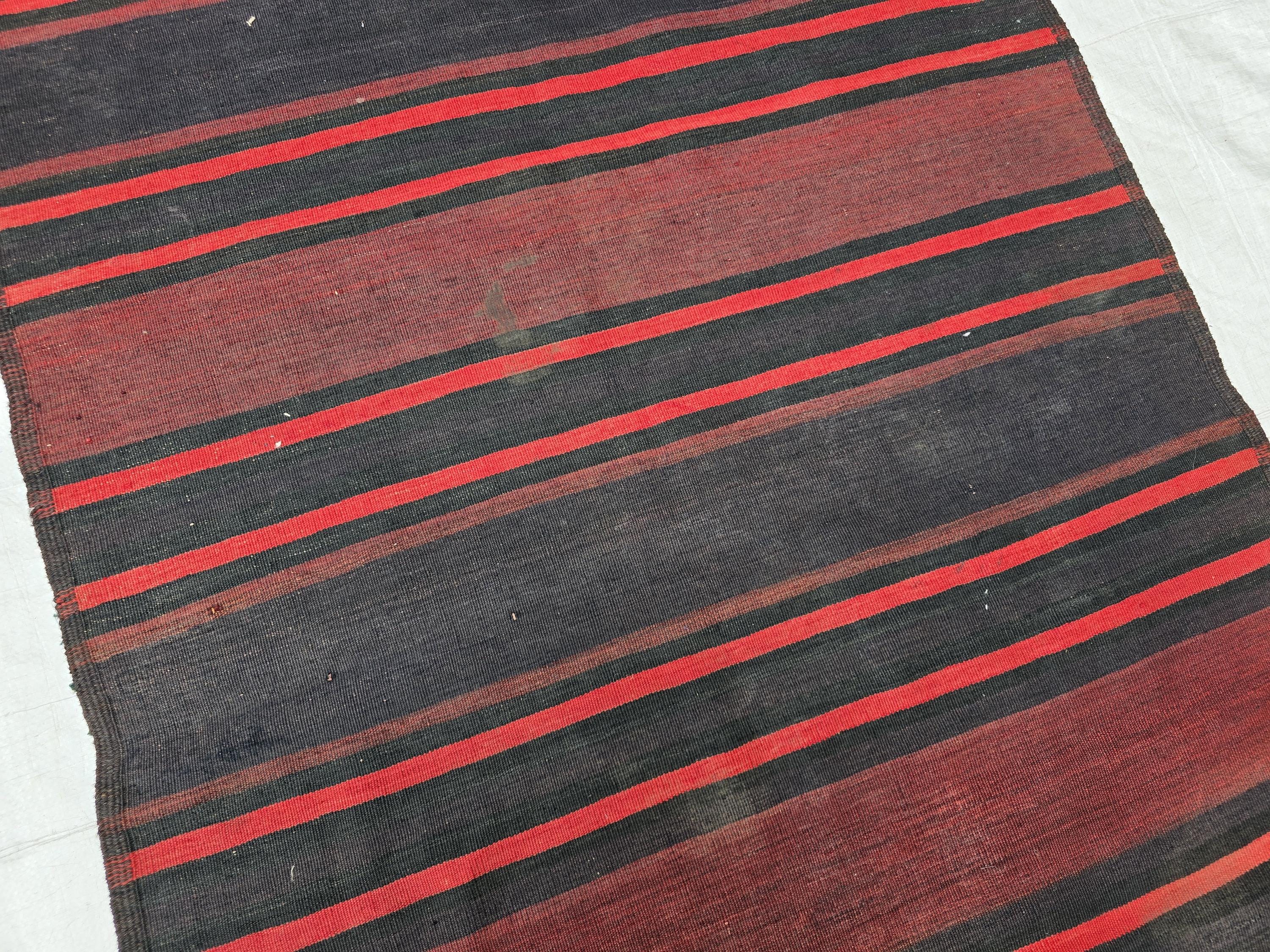 Antique Black Red Striped Kilim 3×6 ft – Handwoven Tribal Wool Runner, Vintage Flatweave Rug