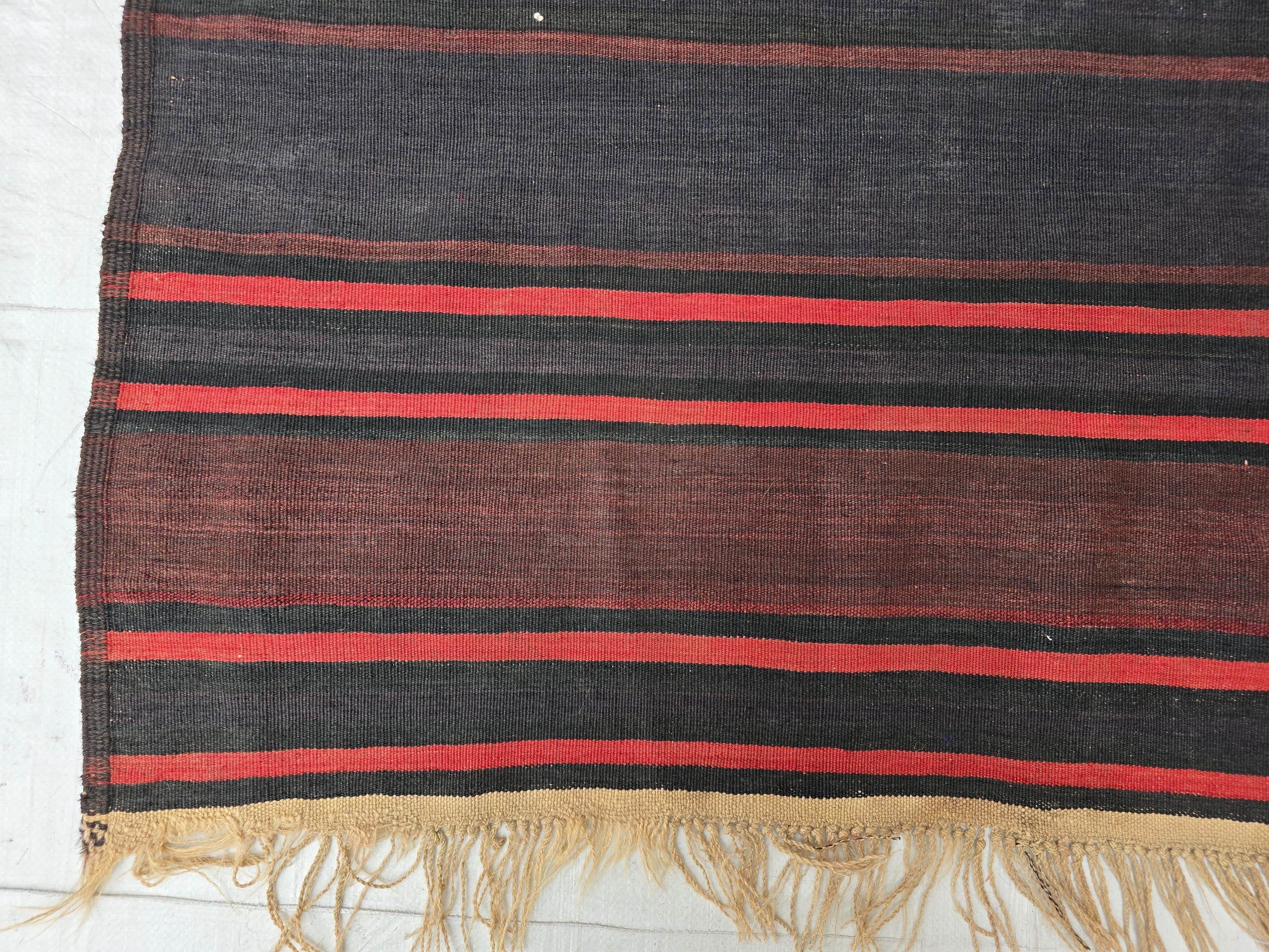 Antique Black Red Striped Kilim 3×6 ft – Handwoven Tribal Wool Runner, Vintage Flatweave Rug