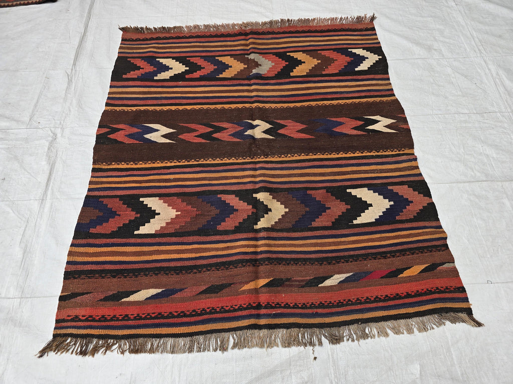 Antique Kilim Rug 5x6 Ft, Handwoven Wool Flatweave, Geometric Tribal Area Rug