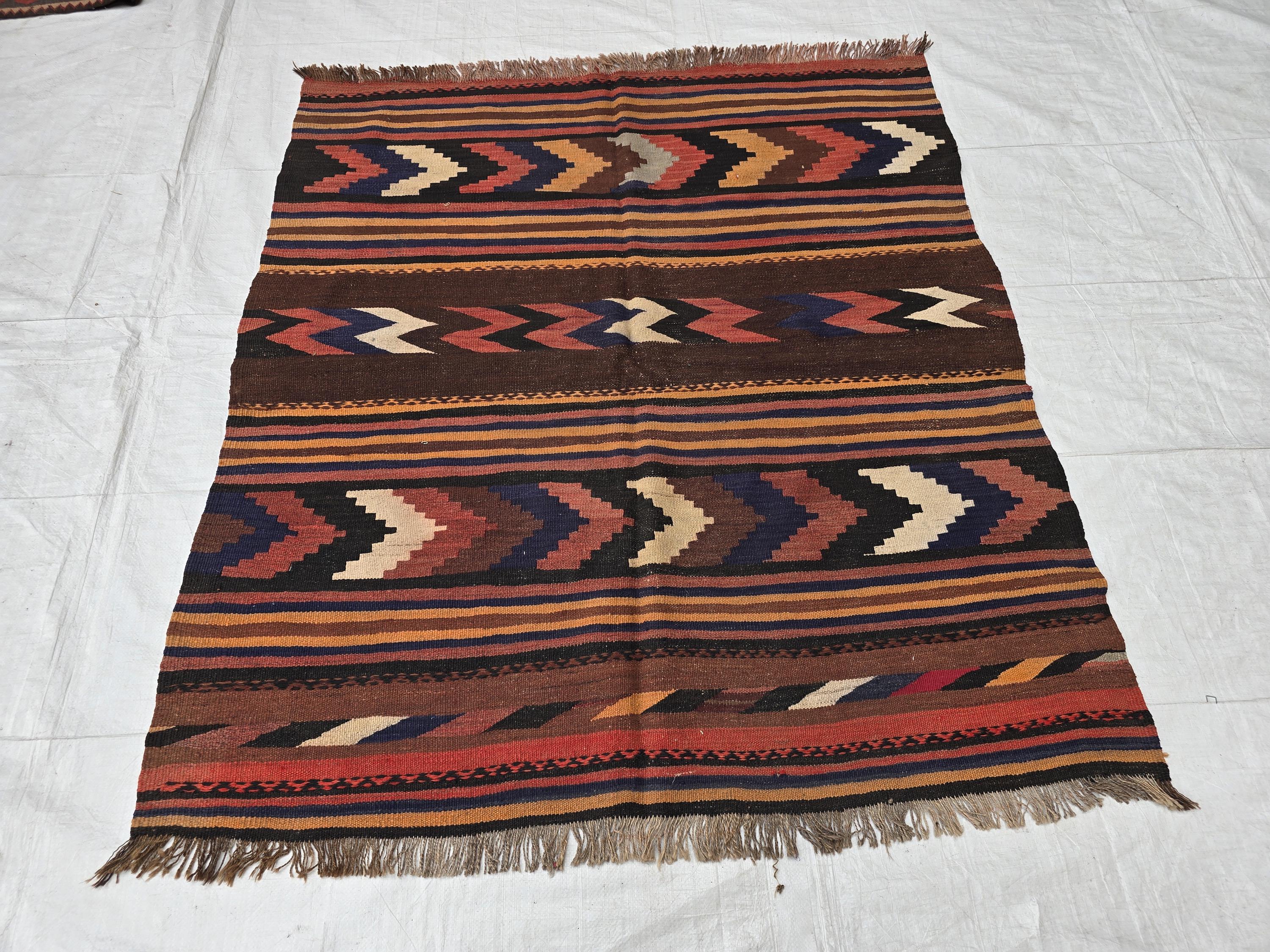 Antique Kilim Rug 5x6 Ft, Handwoven Wool Flatweave, Geometric Tribal Area Rug