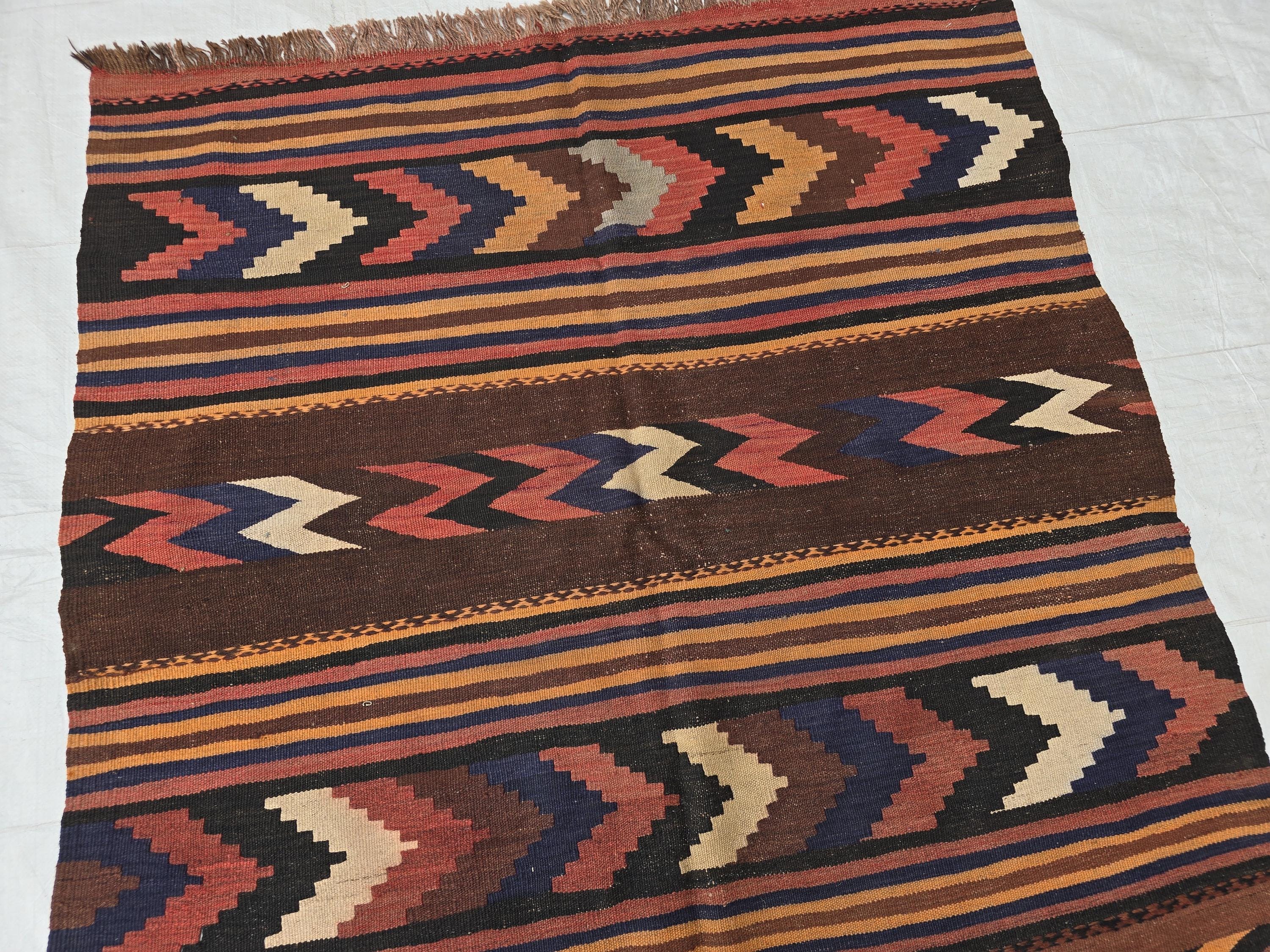 Antique Kilim Rug 5x6 Ft, Handwoven Wool Flatweave, Geometric Tribal Area Rug