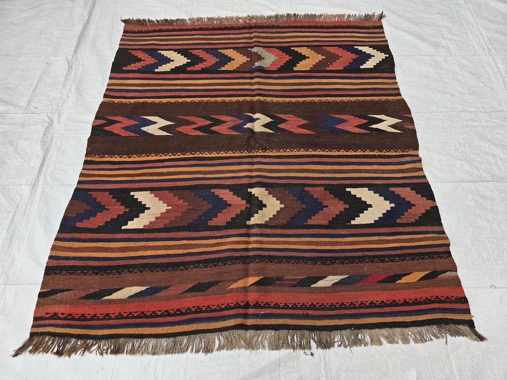 Antique Kilim Rug 5x6 Ft, Handwoven Wool Flatweave, Geometric Tribal Area Rug
