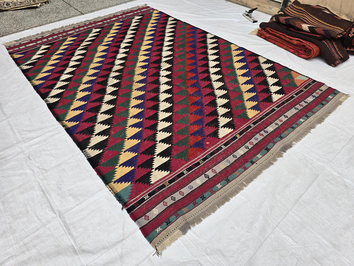 7x10 Vintage Kilim Rug, Large Flatweave Geometric Tribal Boho Area Rug, Multicolor Fringed Carpet