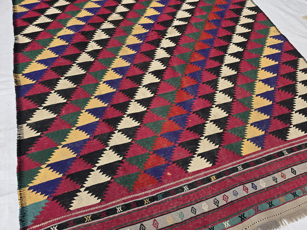 7x10 Vintage Kilim Rug, Large Flatweave Geometric Tribal Boho Area Rug, Multicolor Fringed Carpet