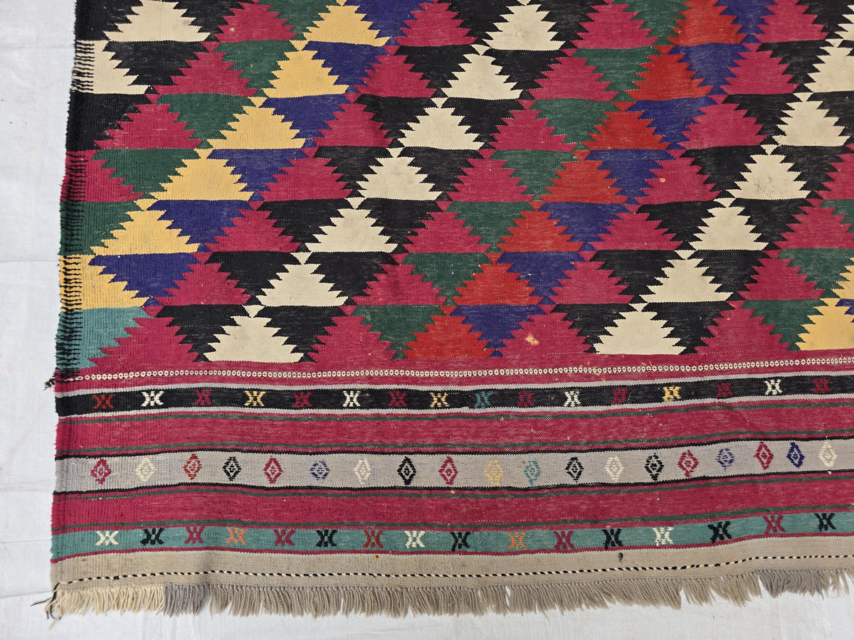 7x10 Vintage Kilim Rug, Large Flatweave Geometric Tribal Boho Area Rug, Multicolor Fringed Carpet