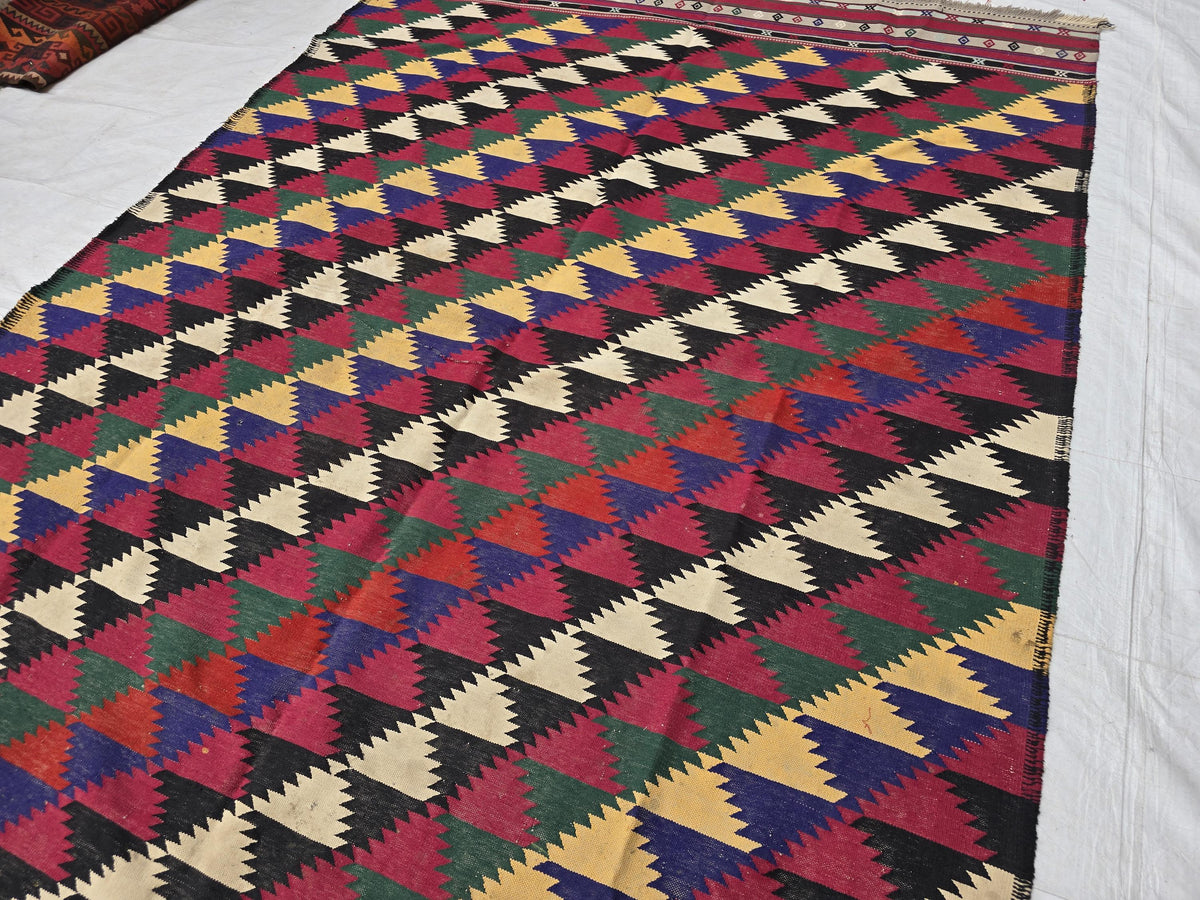7x10 Vintage Kilim Rug, Large Flatweave Geometric Tribal Boho Area Rug, Multicolor Fringed Carpet