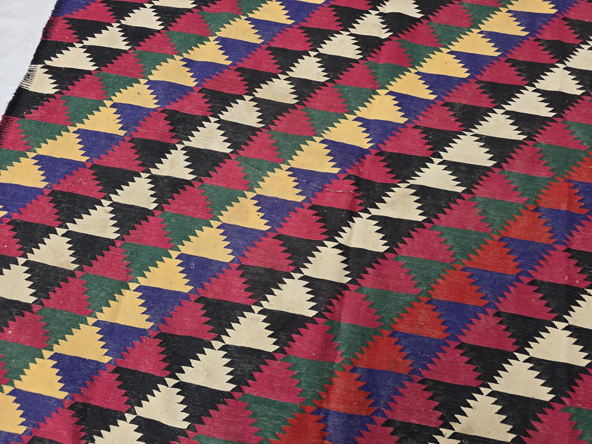 7x10 Vintage Kilim Rug, Large Flatweave Geometric Tribal Boho Area Rug, Multicolor Fringed Carpet