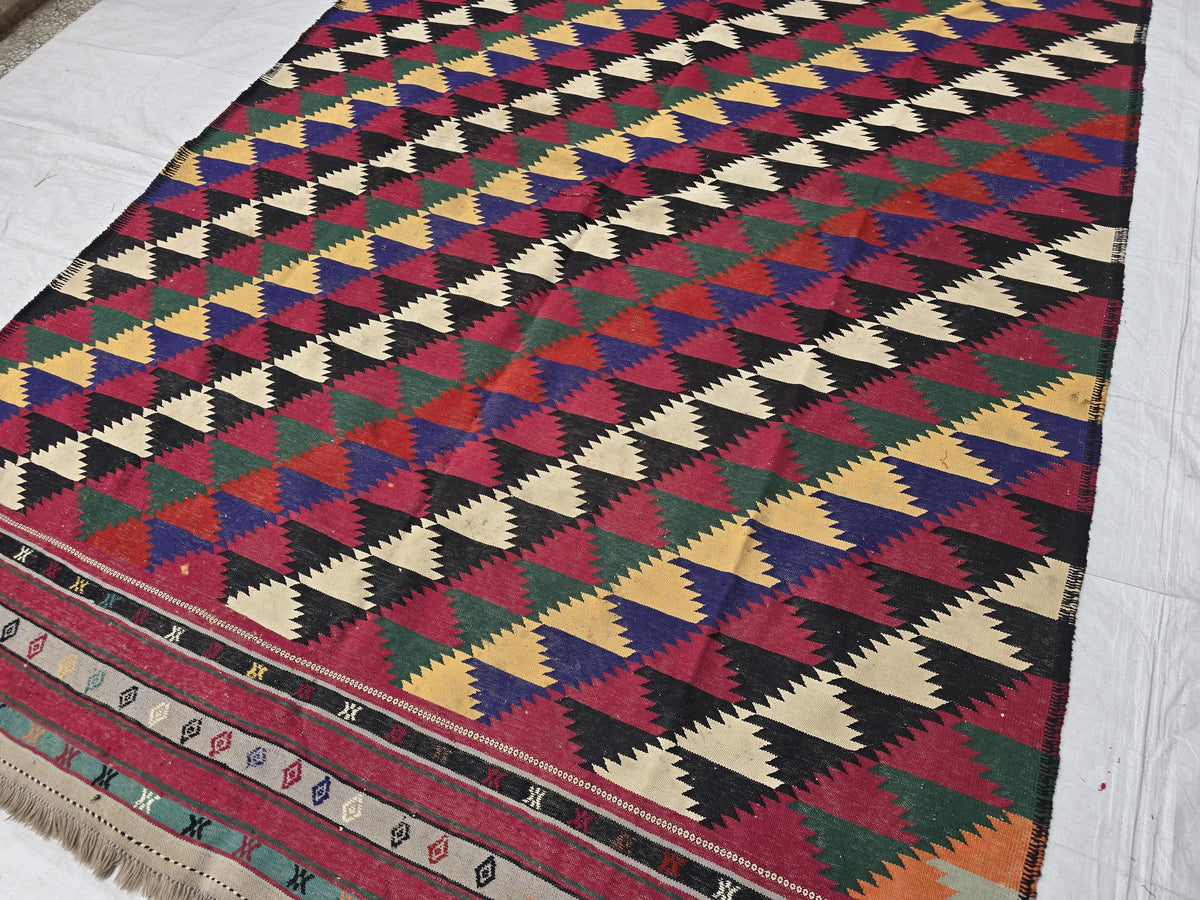 7x10 Vintage Kilim Rug, Large Flatweave Geometric Tribal Boho Area Rug, Multicolor Fringed Carpet