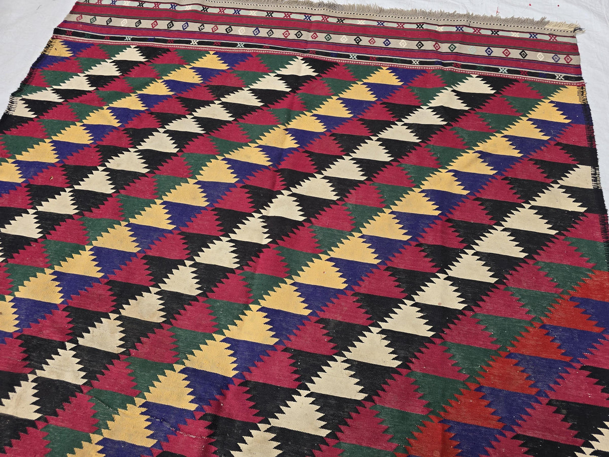 7x10 Vintage Kilim Rug, Large Flatweave Geometric Tribal Boho Area Rug, Multicolor Fringed Carpet