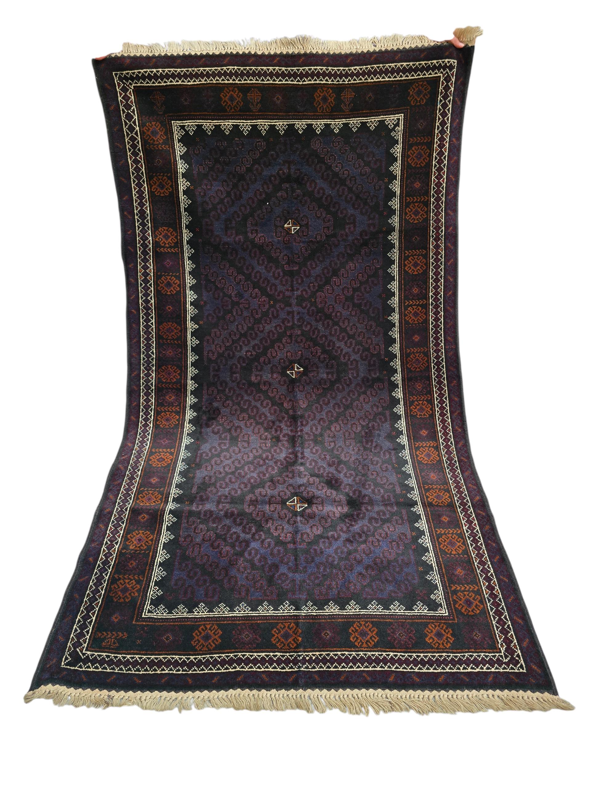 Black & Burgundy Antique Baluchi Rug 4x7 Ft Handwoven Wool Rug - Living Room Carpet