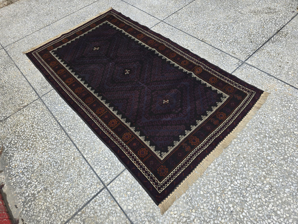 Black & Burgundy Antique Baluchi Rug 4x7 Ft Handwoven Wool Rug - Living Room Carpet