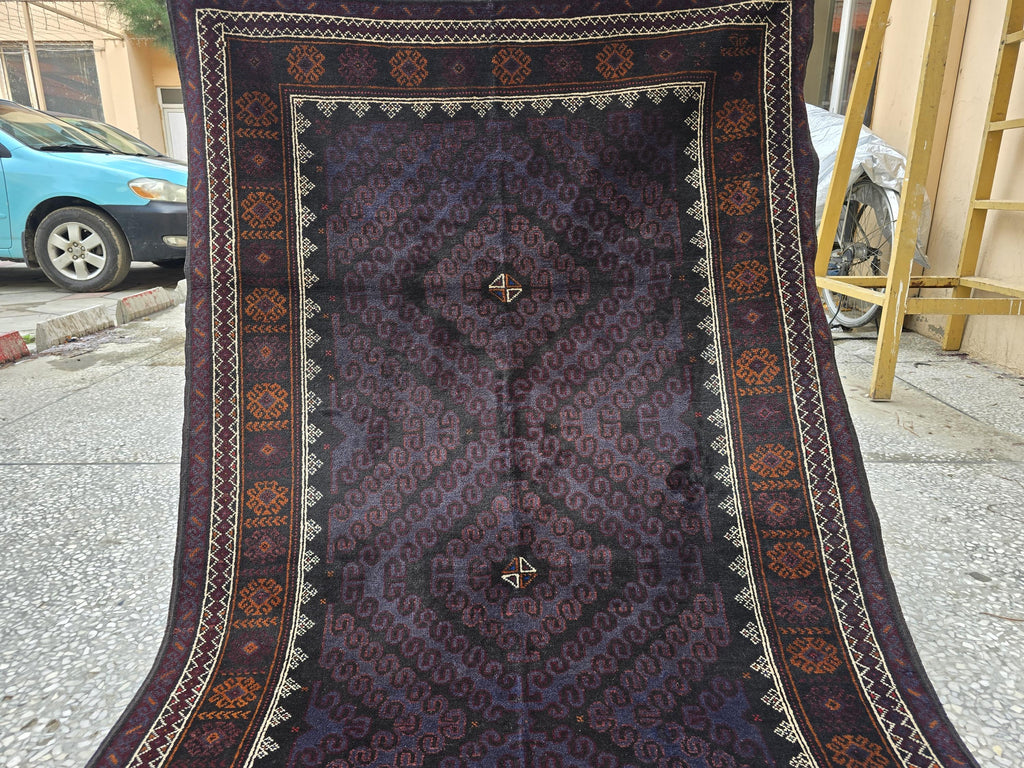 Black & Burgundy Antique Baluchi Rug 4x7 Ft Handwoven Wool Rug - Living Room Carpet