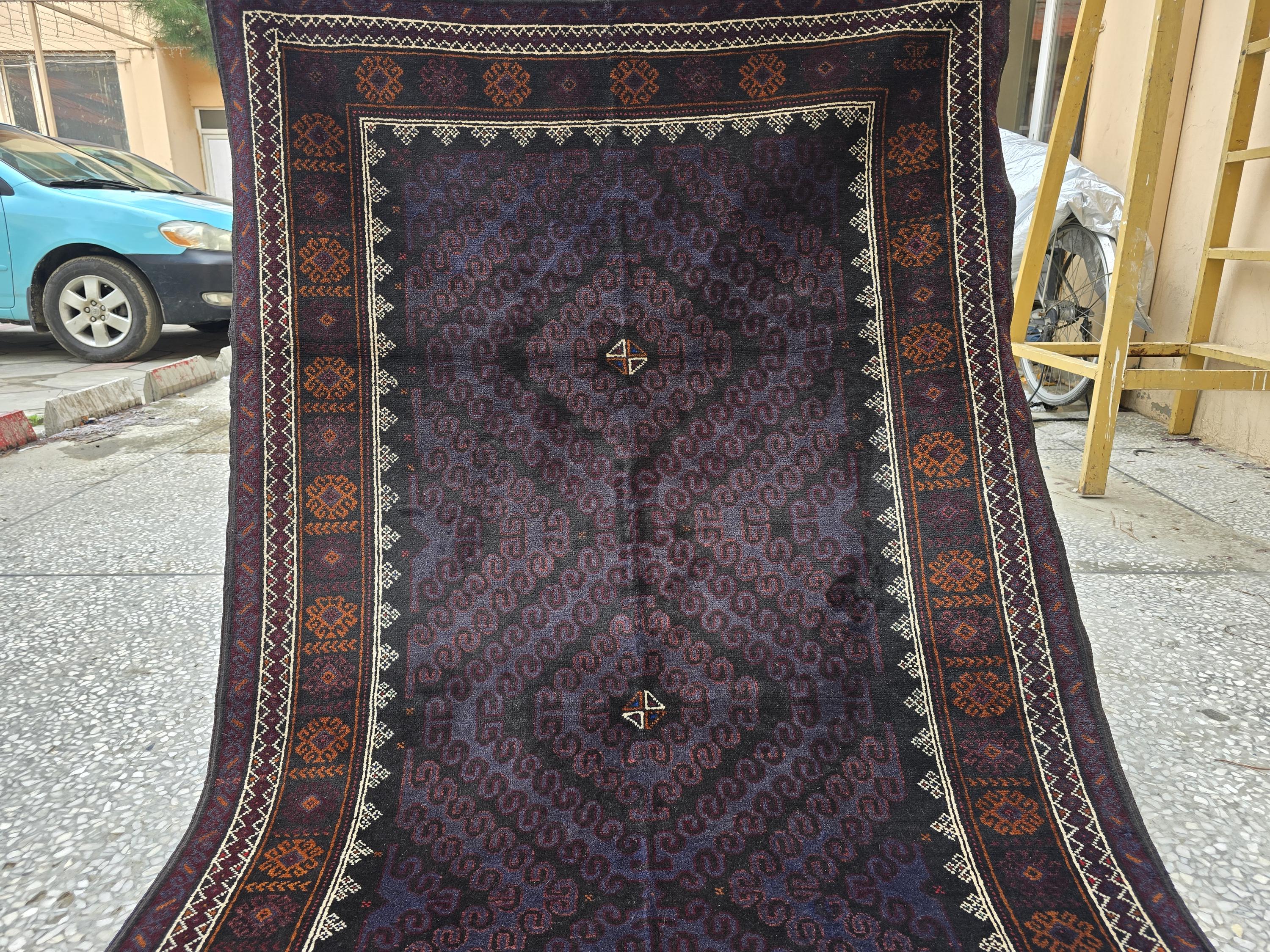 Black & Burgundy Antique Baluchi Rug 4x7 Ft Handwoven Wool Rug - Living Room Carpet