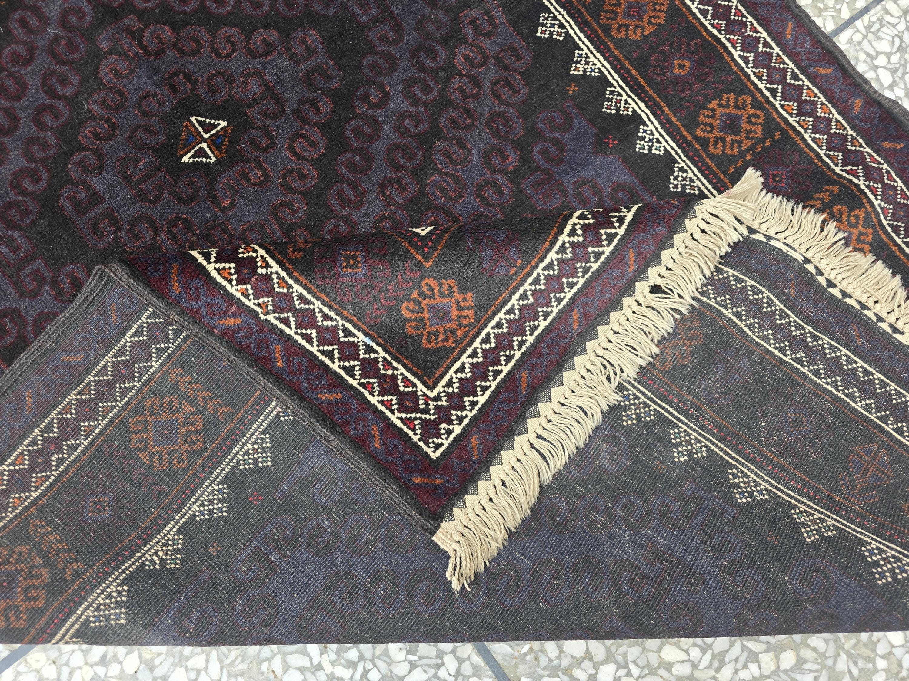 Black & Burgundy Antique Baluchi Rug 4x7 Ft Handwoven Wool Rug - Living Room Carpet