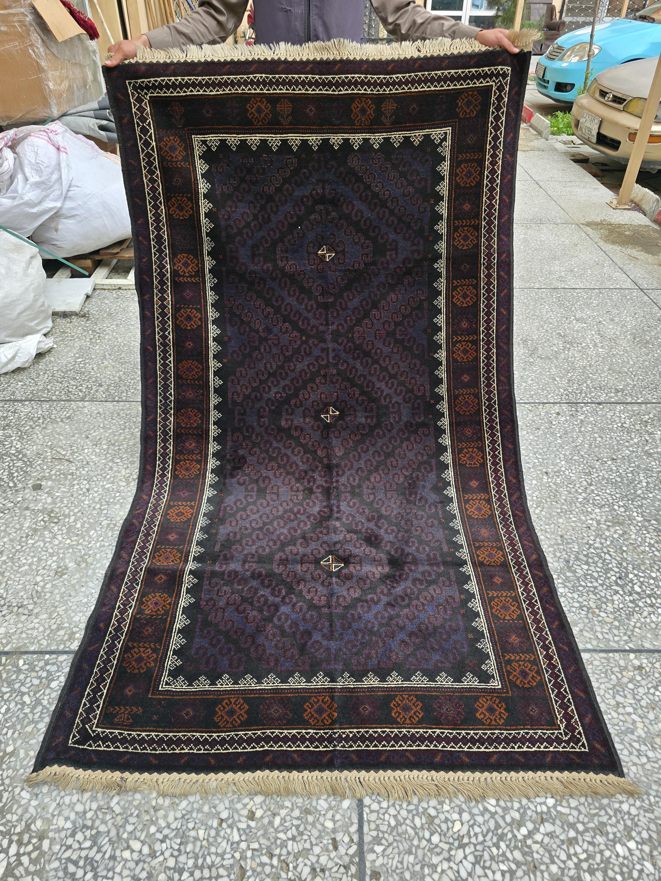 Black & Burgundy Antique Baluchi Rug 4x7 Ft Handwoven Wool Rug - Living Room Carpet
