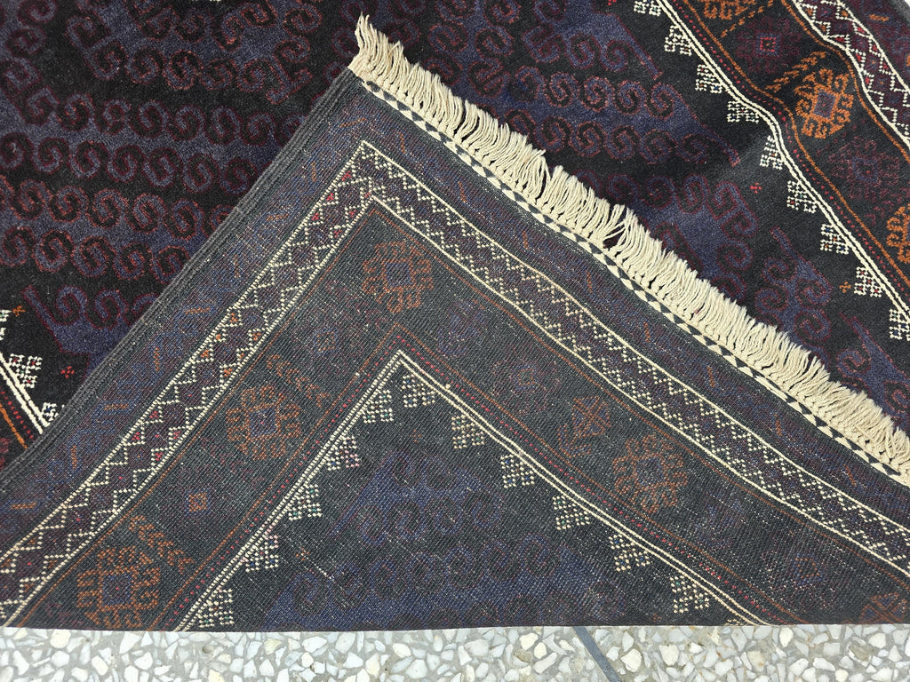 Black & Burgundy Antique Baluchi Rug 4x7 Ft Handwoven Wool Rug - Living Room Carpet