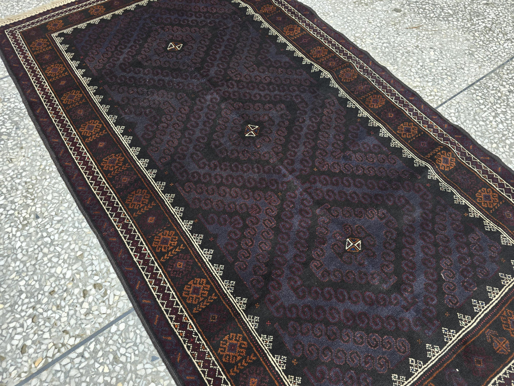 Black & Burgundy Antique Baluchi Rug 4x7 Ft Handwoven Wool Rug - Living Room Carpet