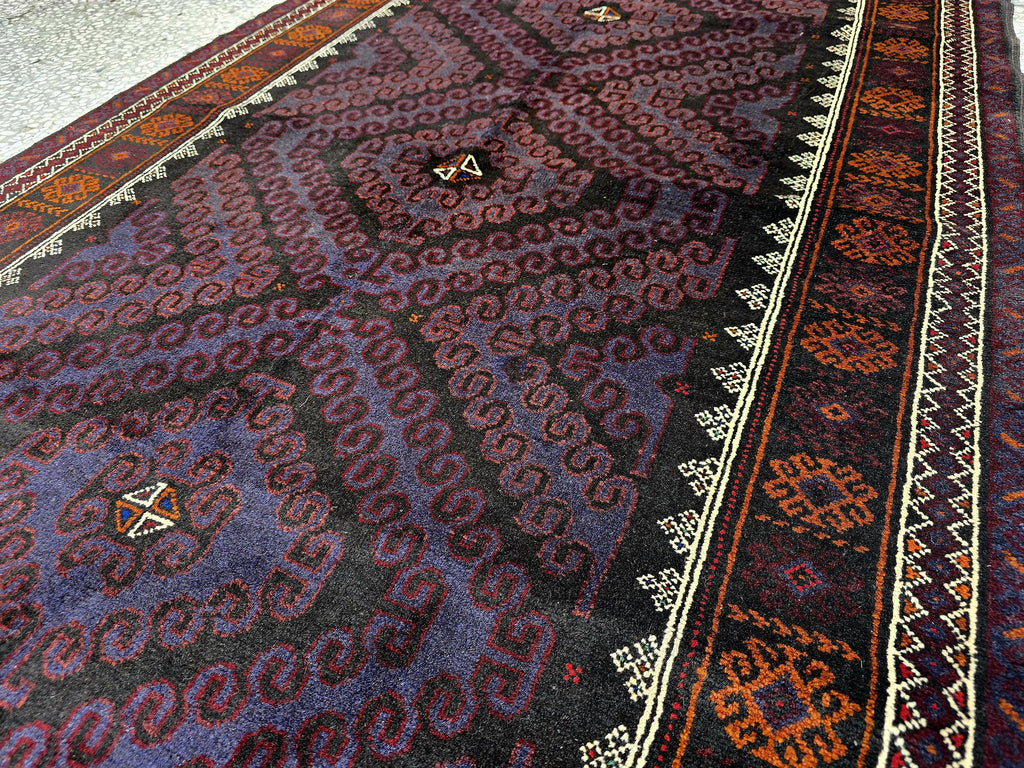 Black & Burgundy Antique Baluchi Rug 4x7 Ft Handwoven Wool Rug - Living Room Carpet