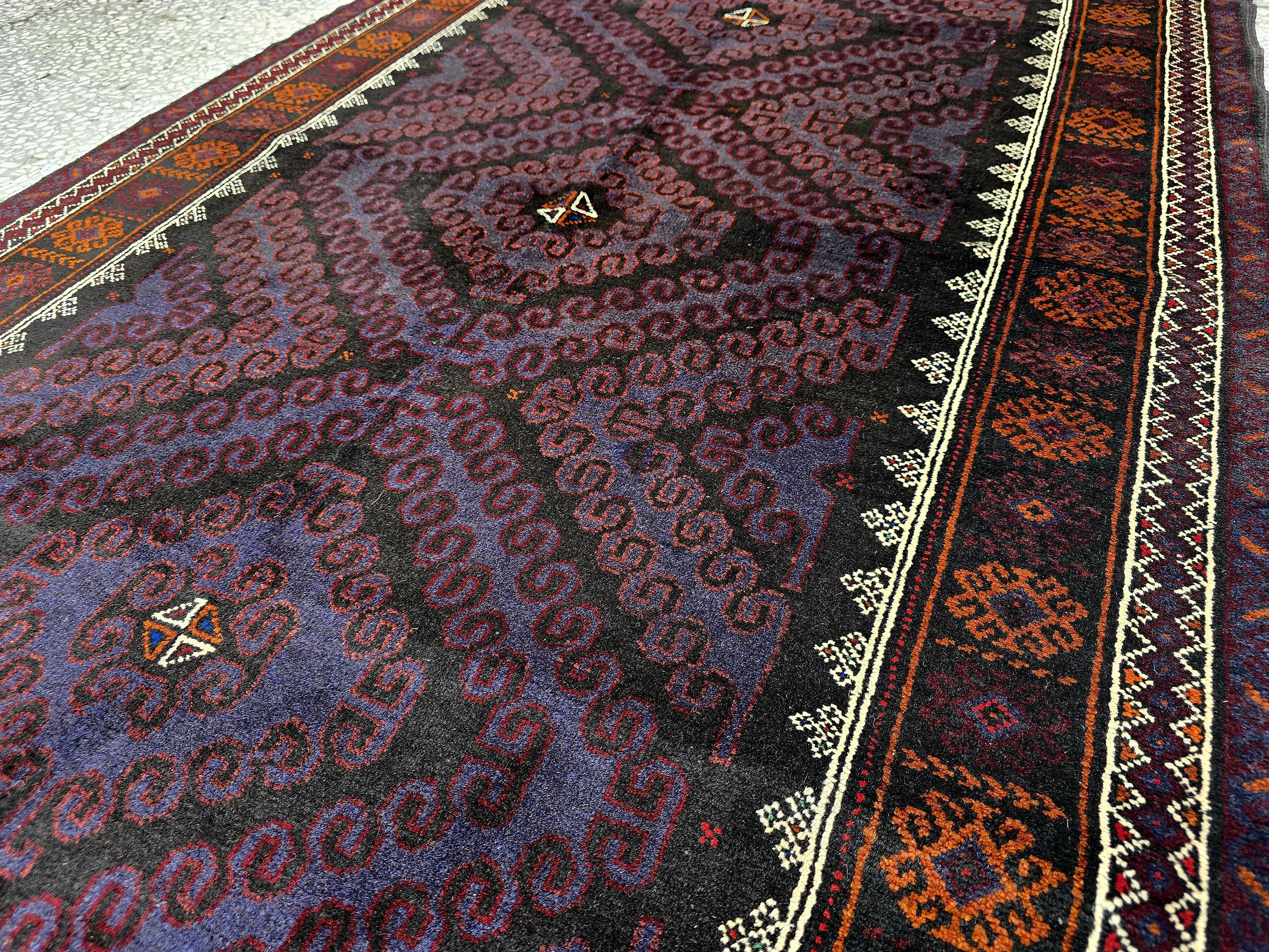 Black & Burgundy Antique Baluchi Rug 4x7 Ft Handwoven Wool Rug - Living Room Carpet