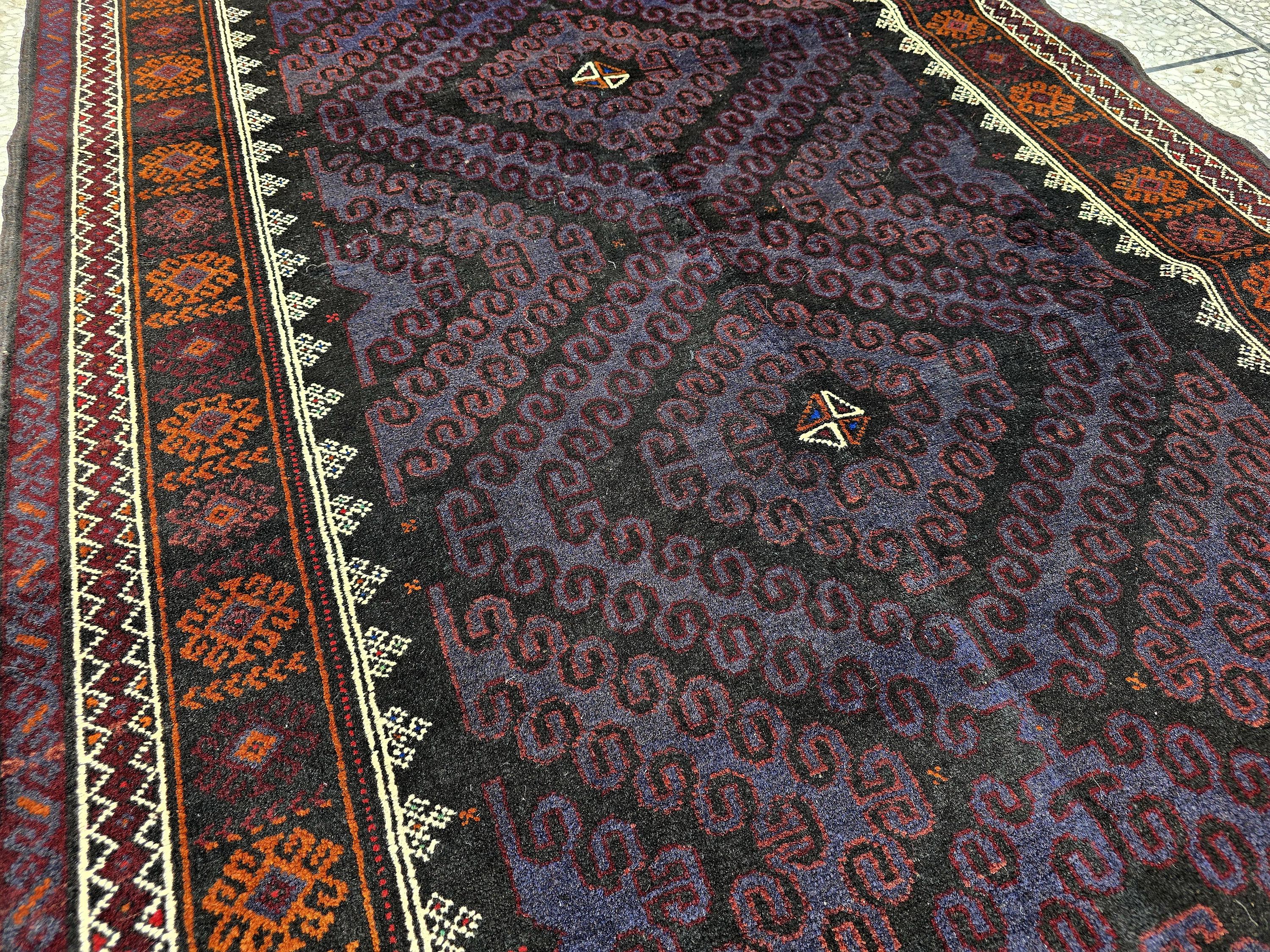 Black & Burgundy Antique Baluchi Rug 4x7 Ft Handwoven Wool Rug - Living Room Carpet