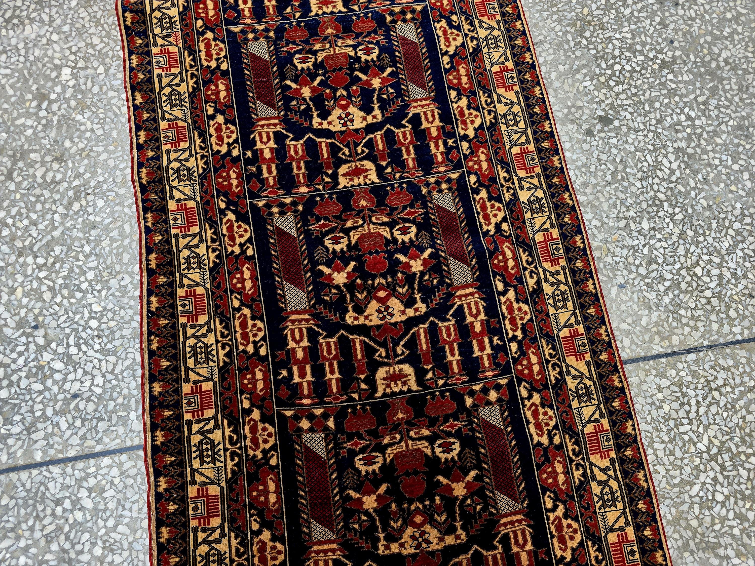 3x9 ft Antique Ali Hoja Runner Rug – Dark Tribal Geometric Vintage Style
