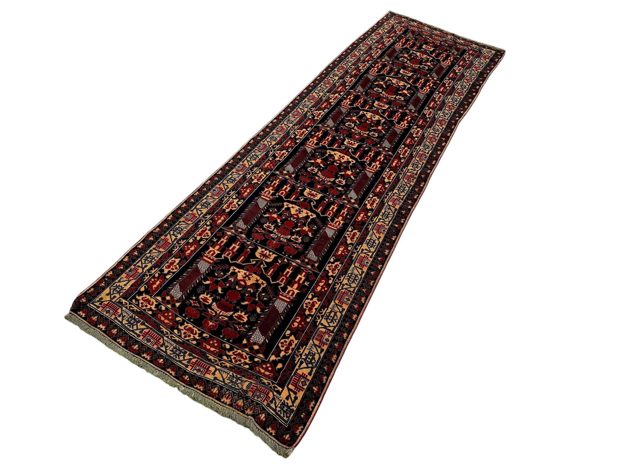 3x9 ft Antique Ali Hoja Runner Rug – Dark Tribal Geometric Vintage Style