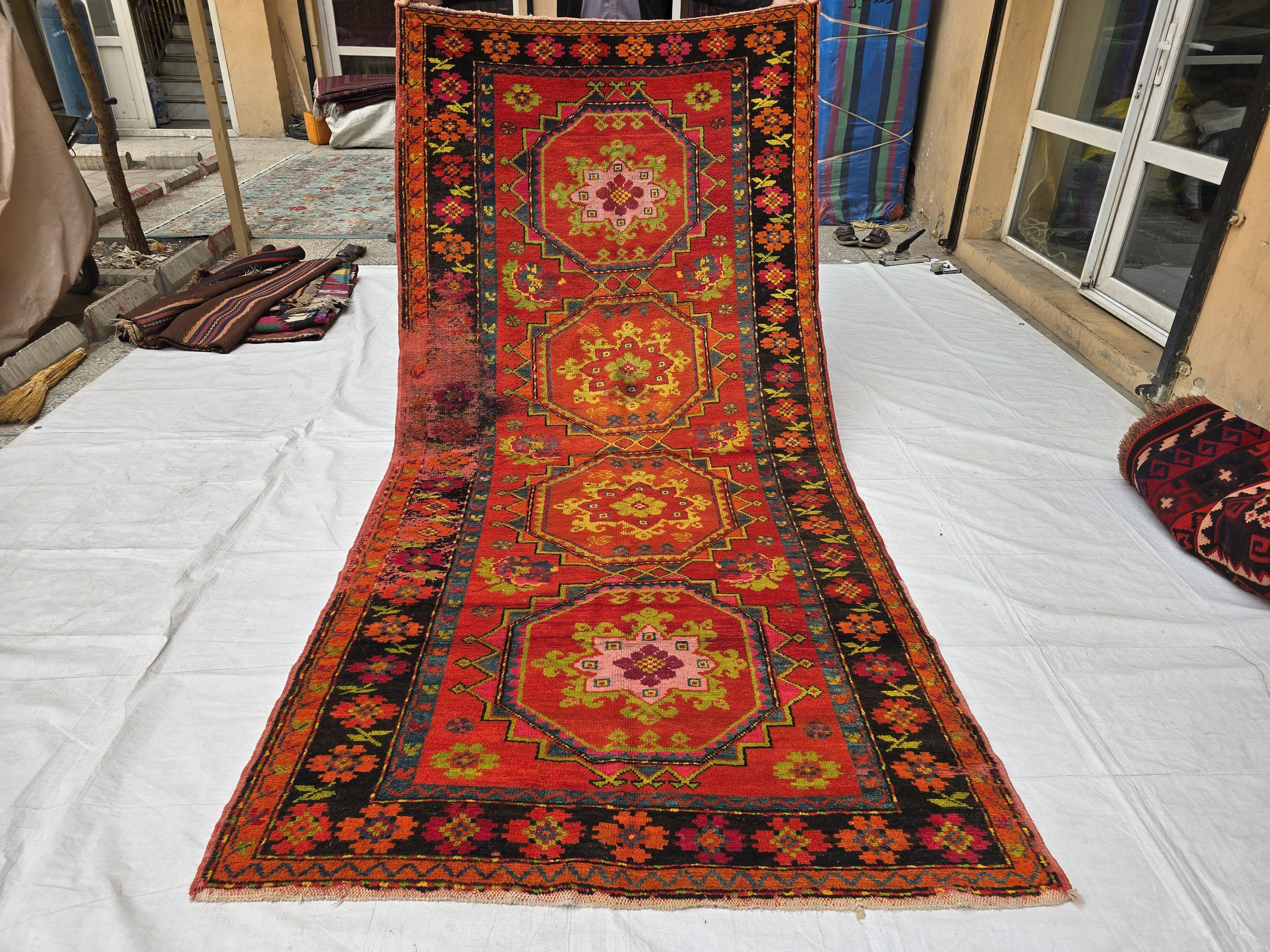 Antique 1940s Burn Orange 5×10 Ft Handwoven Afghan Rug, Collectors Piece