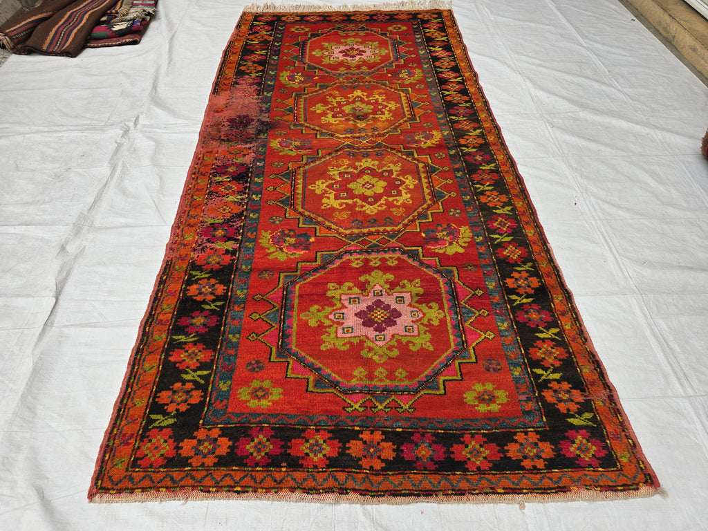 Antique 1940s Burn Orange 5×10 Ft Handwoven Afghan Rug, Collectors Piece