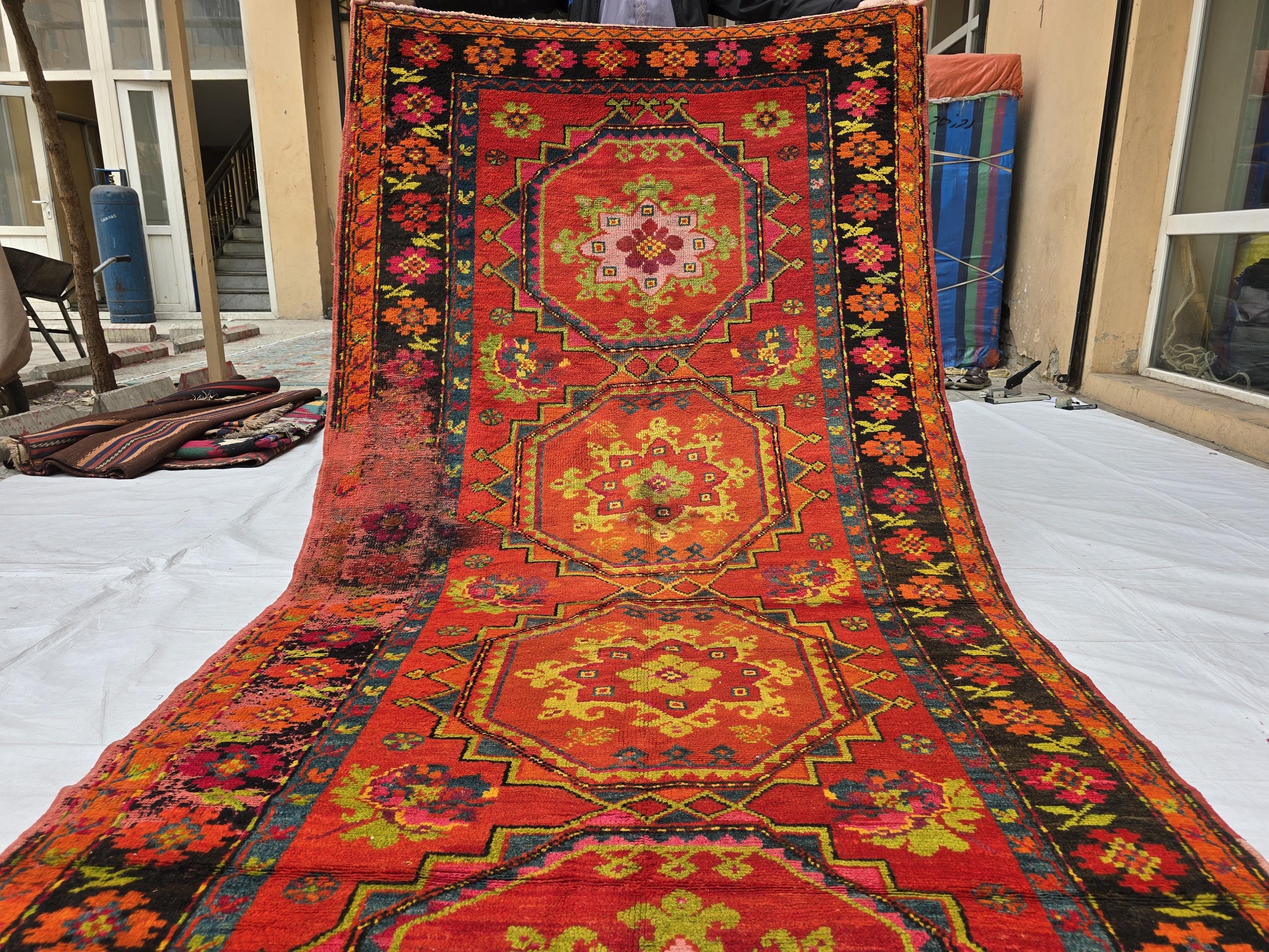 Antique 1940s Burn Orange 5×10 Ft Handwoven Afghan Rug, Collectors Piece