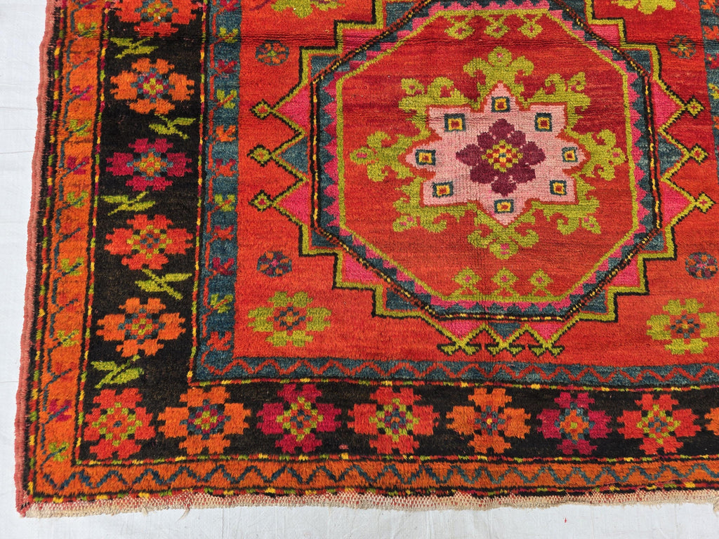 Antique 1940s Burn Orange 5×10 Ft Handwoven Afghan Rug, Collectors Piece