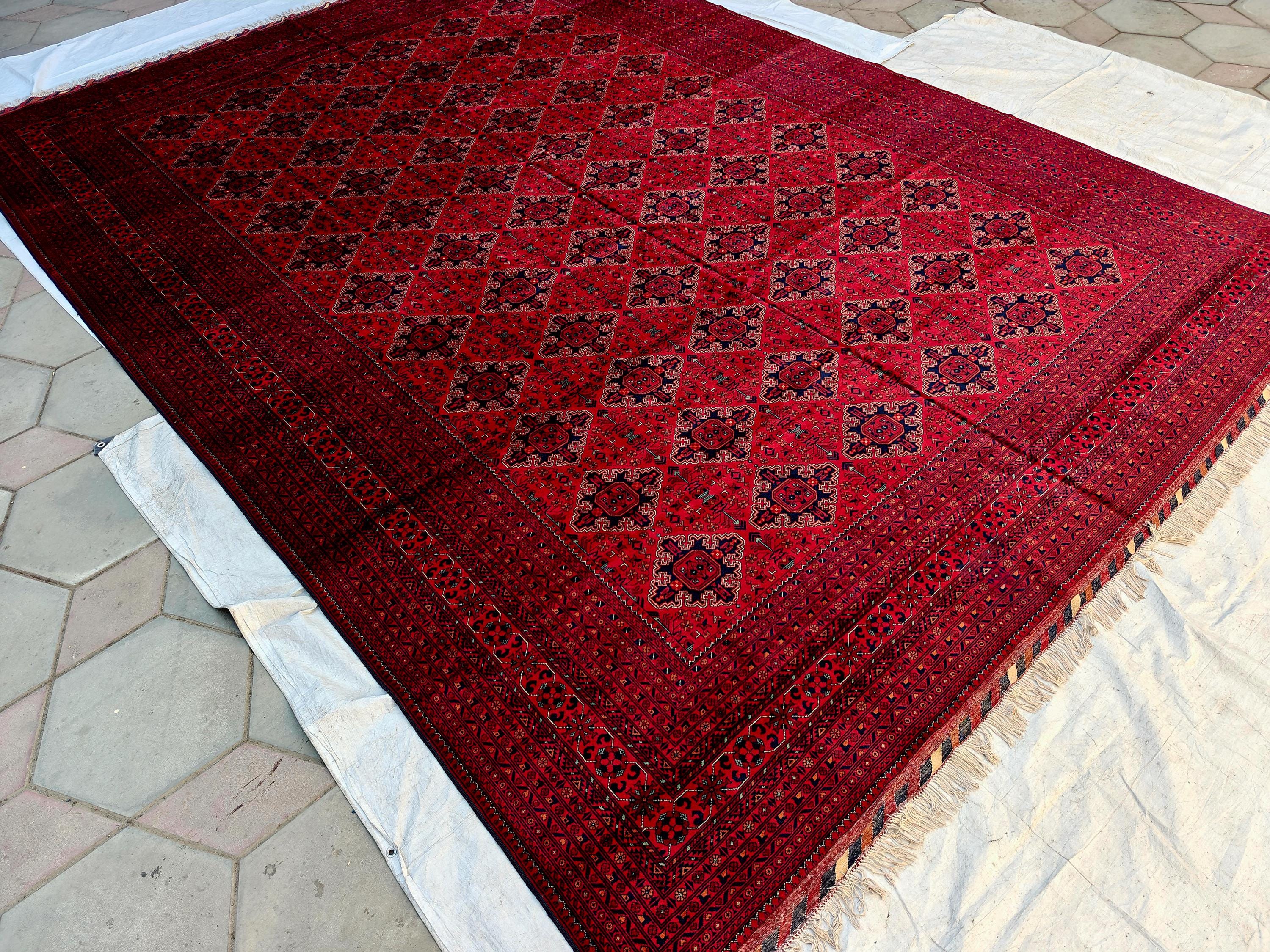 Extra Large Red Bokhara Style Rug 13x18 Ft, Traditional Geometric Oriental Carpet