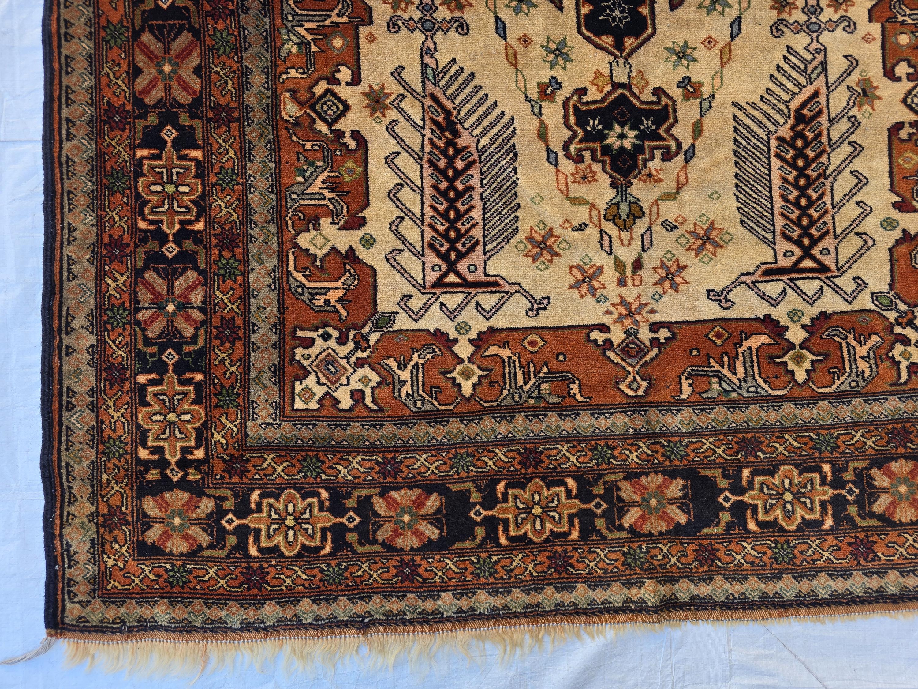 Vintage 4'5×6'3 ft Afghan Rug – Handmade Wool Tribal Carpet, Warm Earth Tones