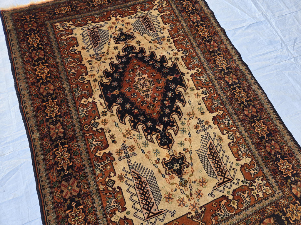 Vintage 4'5×6'3 ft Afghan Rug – Handmade Wool Tribal Carpet, Warm Earth Tones
