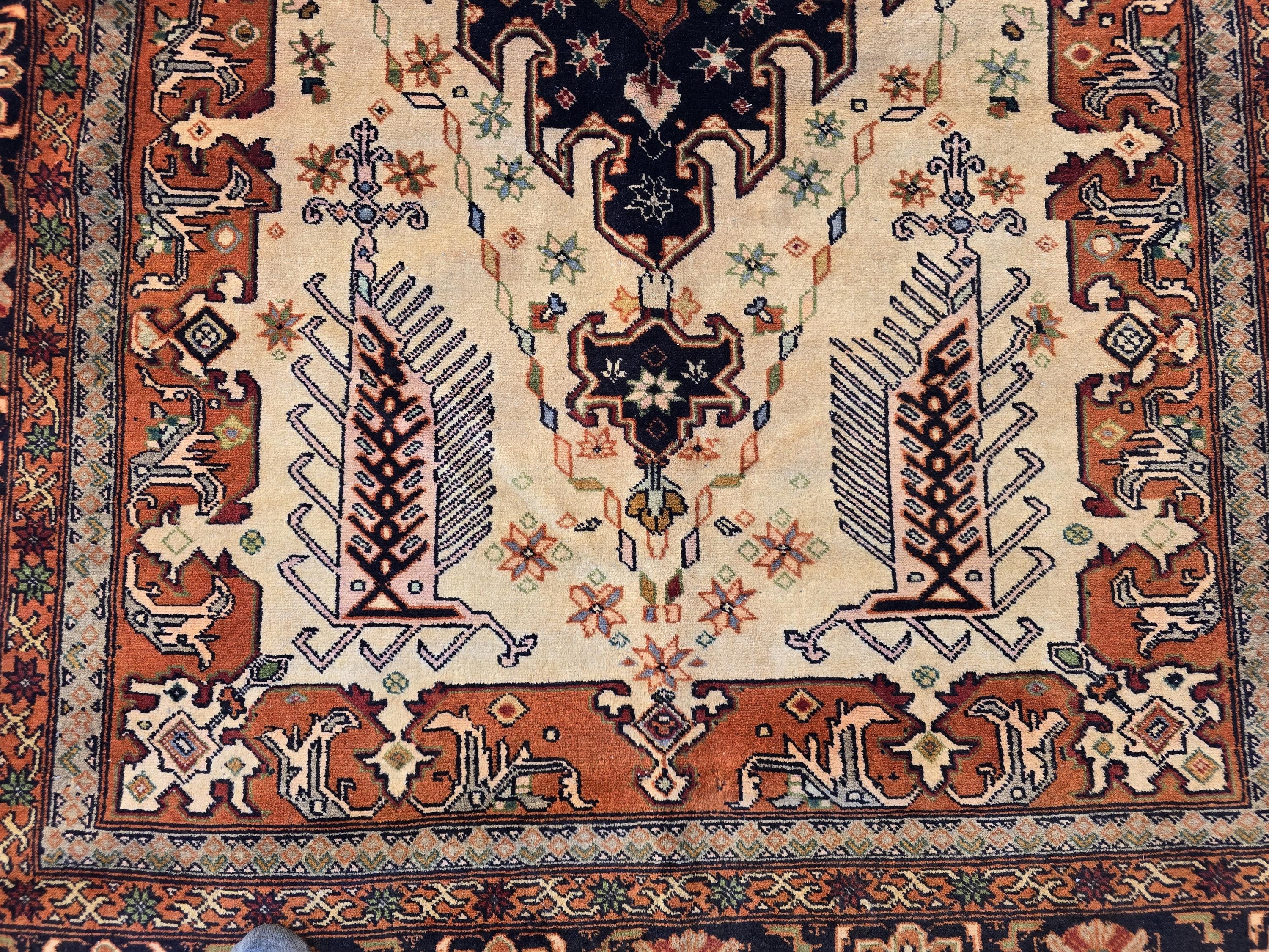 Vintage 4'5×6'3 ft Afghan Rug – Handmade Wool Tribal Carpet, Warm Earth Tones