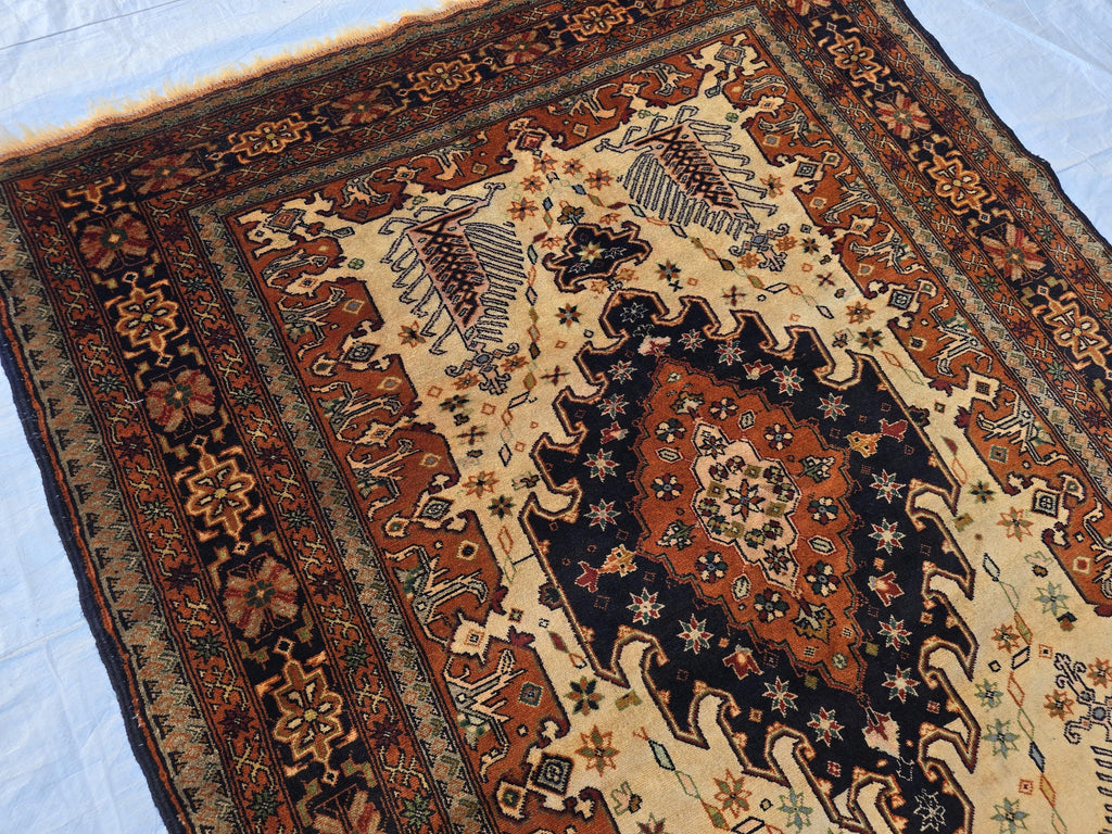 Vintage 4'5×6'3 ft Afghan Rug – Handmade Wool Tribal Carpet, Warm Earth Tones