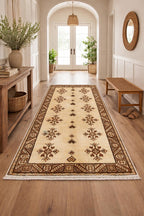 Vintage 3.6x6.4 Hallway Rug – Handwoven Tribal Geometric Runner, Beige Brown Wool Rug, Entryway Carpet