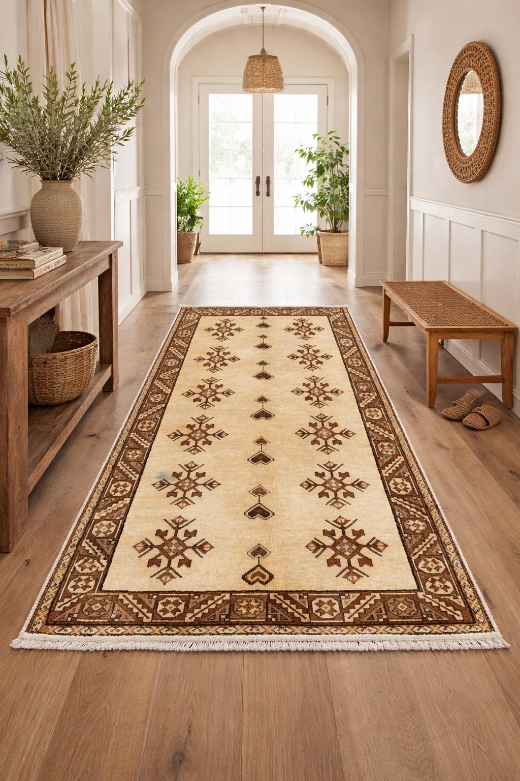 Vintage 3.6x6.4 Hallway Rug – Handwoven Tribal Geometric Runner, Beige Brown Wool Rug, Entryway Carpet