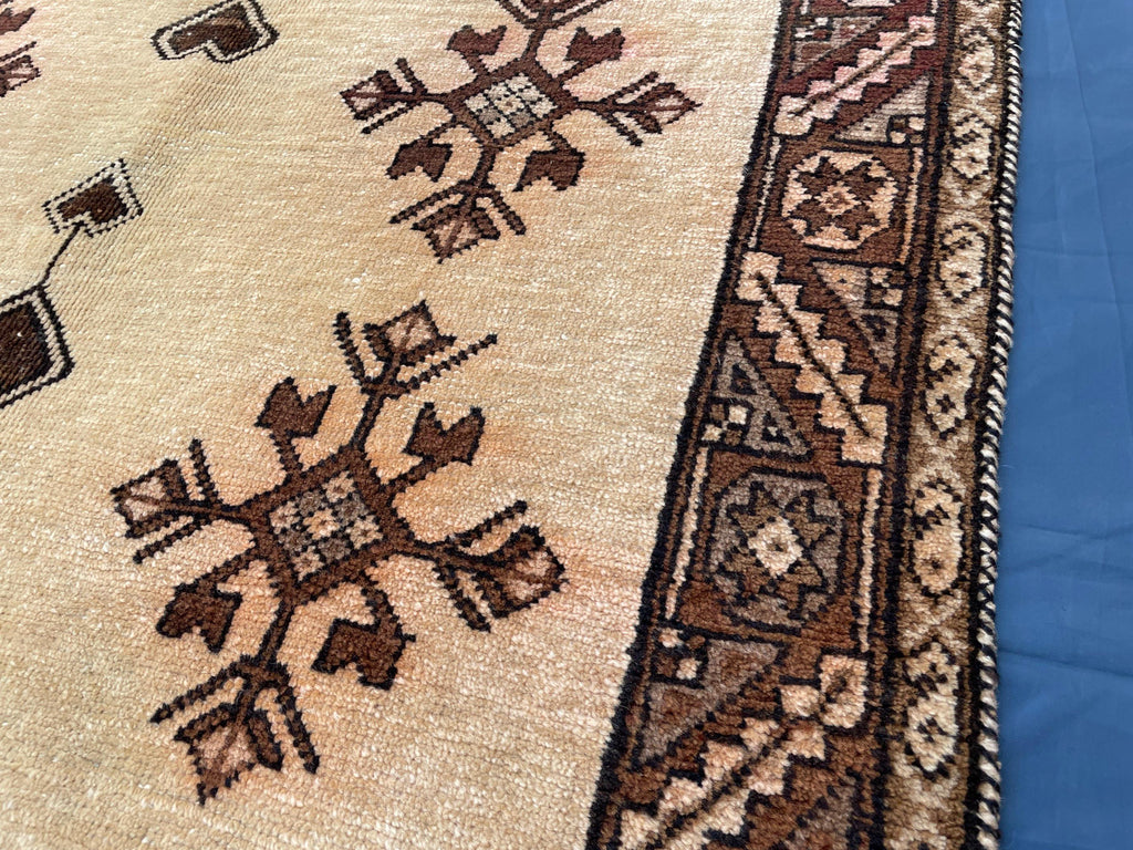 Vintage 3.6x6.4 Hallway Rug – Handwoven Tribal Geometric Runner, Beige Brown Wool Rug, Entryway Carpet