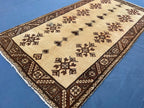Vintage 3.6x6.4 Hallway Rug – Handwoven Tribal Geometric Runner, Beige Brown Wool Rug, Entryway Carpet