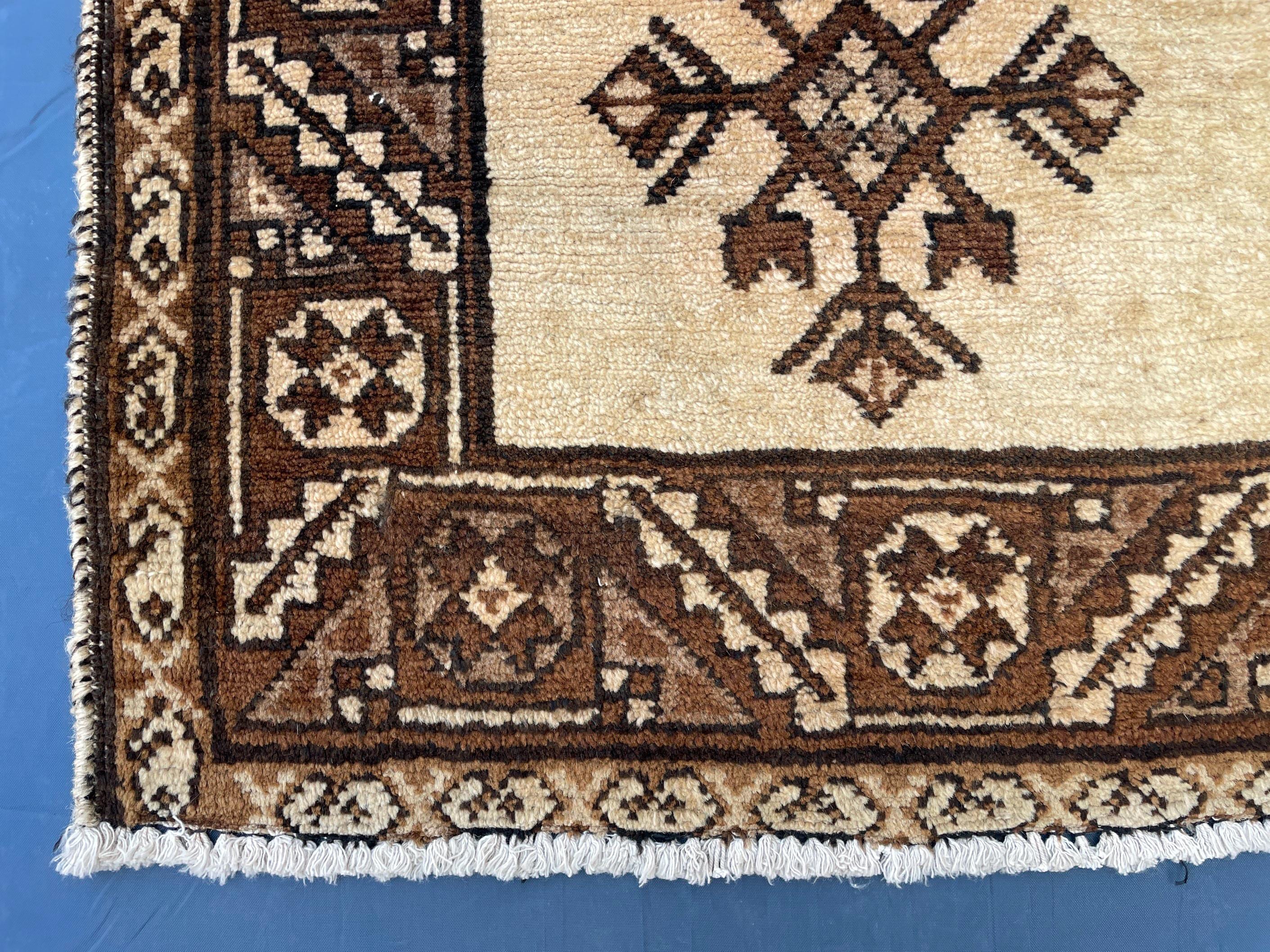 Vintage 3.6x6.4 Hallway Rug – Handwoven Tribal Geometric Runner, Beige Brown Wool Rug, Entryway Carpet